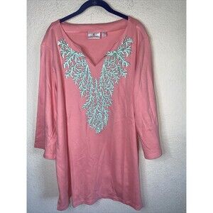 Quacker Factory shirt Floral Tunic 3/4 Sleeves Pink Embroidered 2X Fairy long